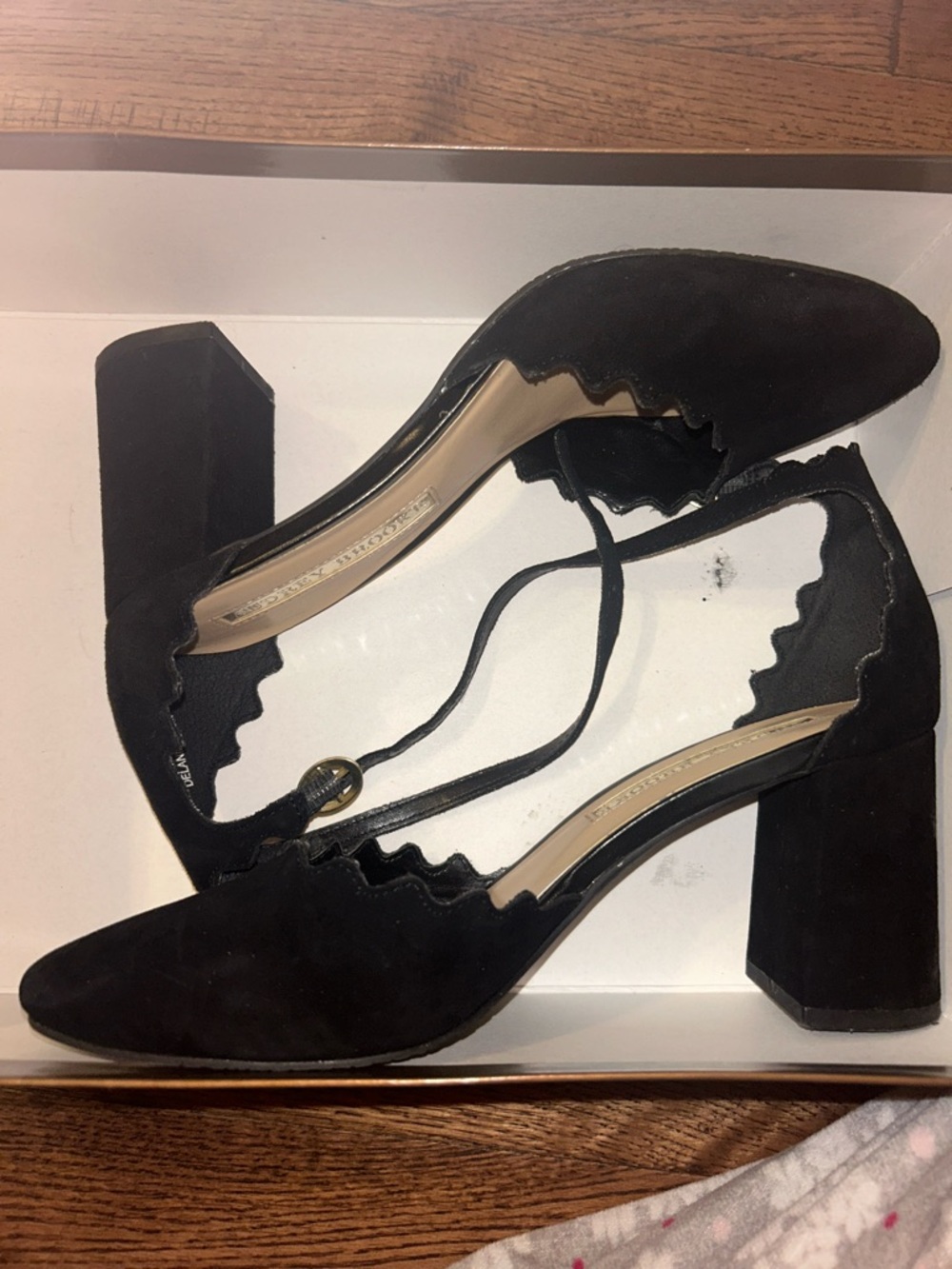 Audrey Brooke Black Scallop-Edge Block Heel Pumps with Ankle Tie